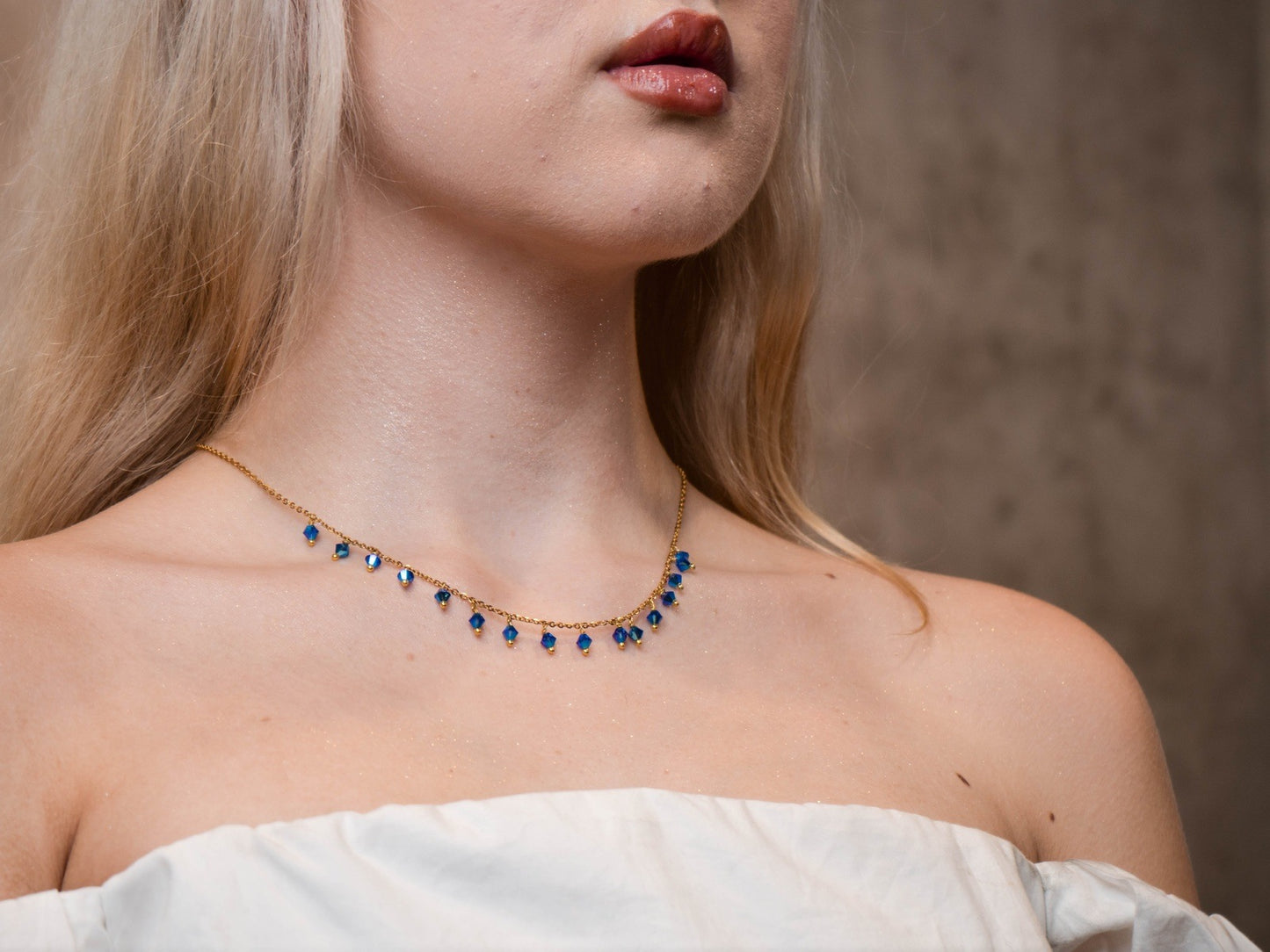 Stainless Steel Gold Chain - The Blue Celebration - Crystal Necklace