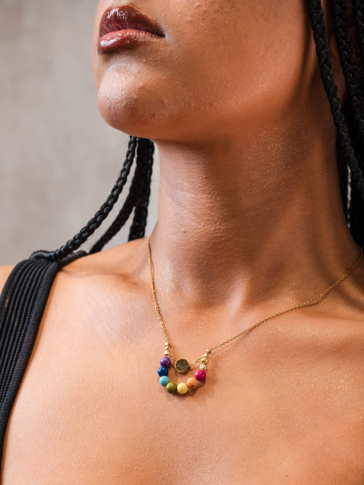 Stainless Steel Gold Chain - Rainbow - Lab Grown Stone Beed Necklace