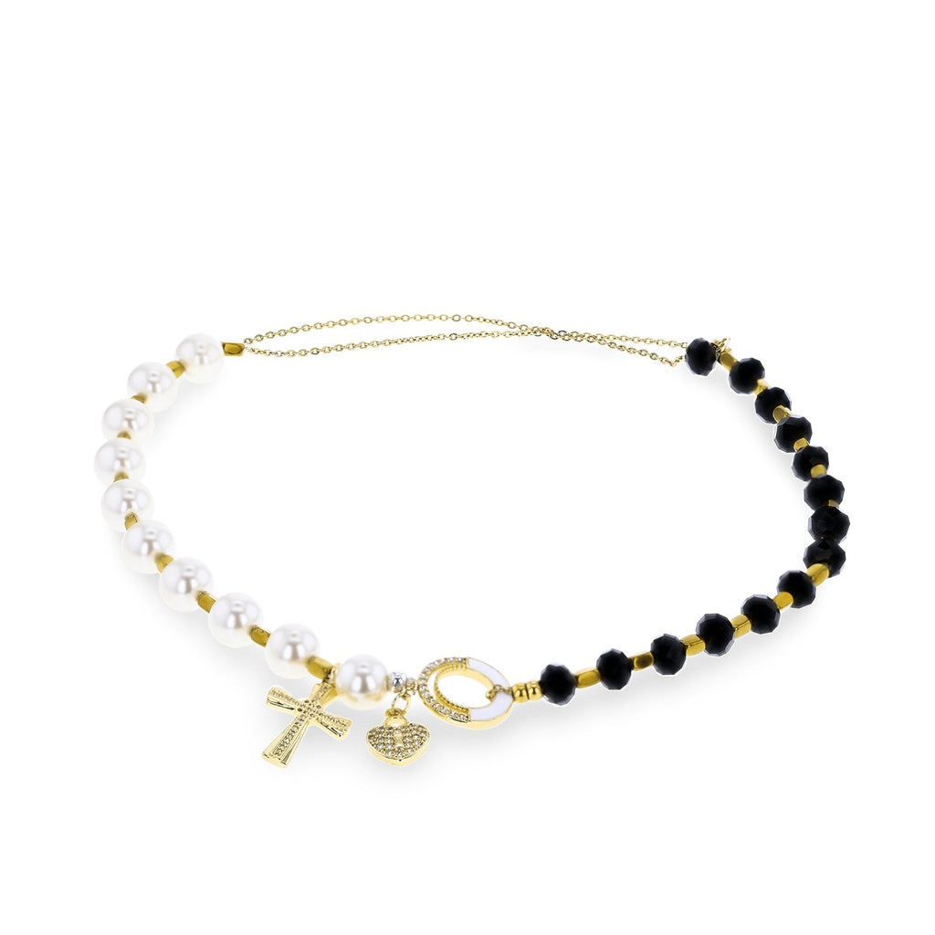 Stainless Steel Gold Chain - Life - Black Crystal Fresh Water Pearl Necklace