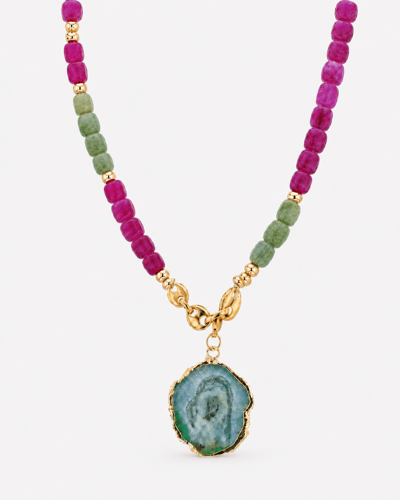 The Eden Within Pink & Green Tourmaline, Green Agate Charm & Stainless Steel Necklace