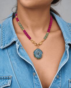 The Eden Within Pink & Green Tourmaline, Green Agate Charm & Stainless Steel Necklace