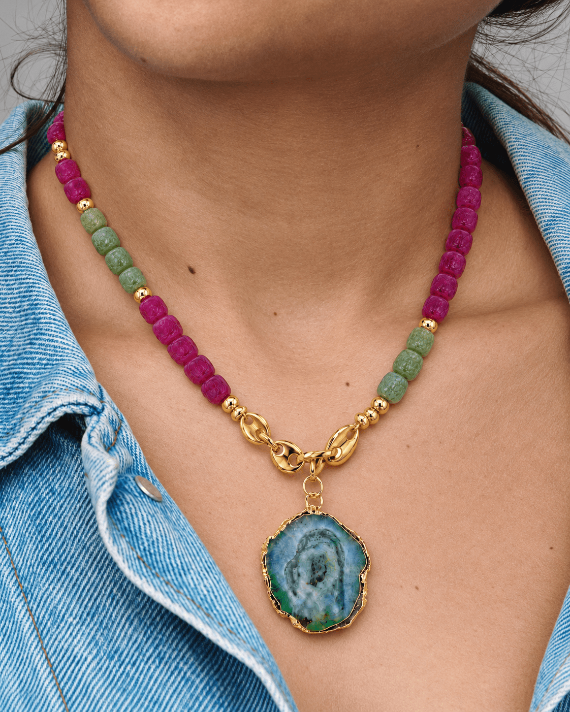 The Eden Within Pink & Green Tourmaline, Green Agate Charm & Stainless Steel Necklace