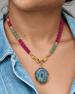 The Eden Within Pink & Green Tourmaline, Green Agate Charm & Stainless Steel Necklace
