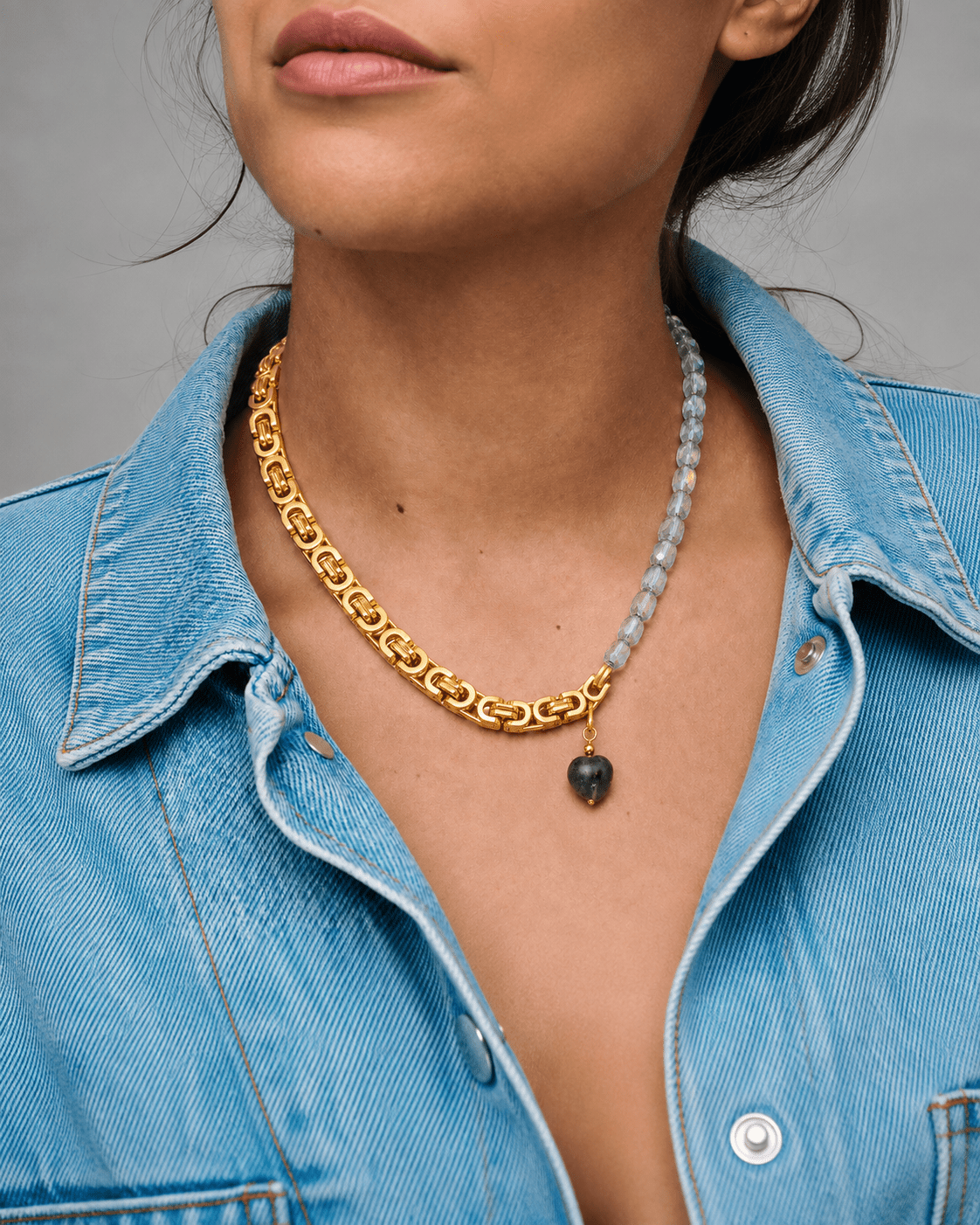 Stillwater Heart Smoky Crystal Stainless Steel 18K Gold Plated Chain Necklace