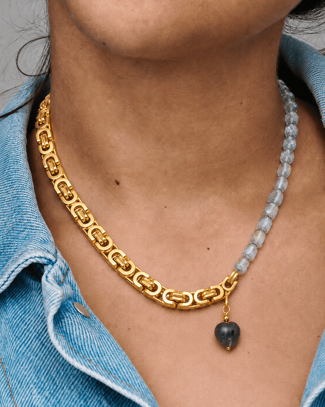 Stillwater Heart Smoky Crystal Stainless Steel 18K Gold Plated Chain Necklace