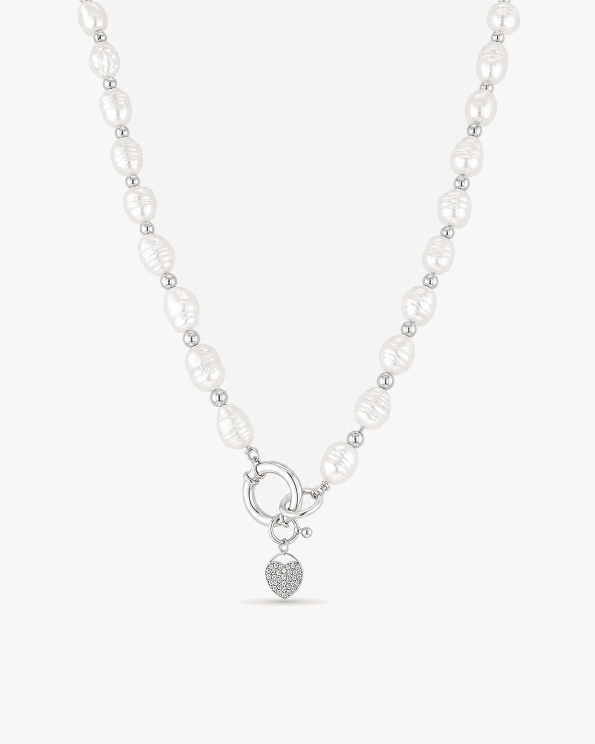 Almira Freshwater Pearl, Silver Bead & Cubic Zirconia Heart Necklace