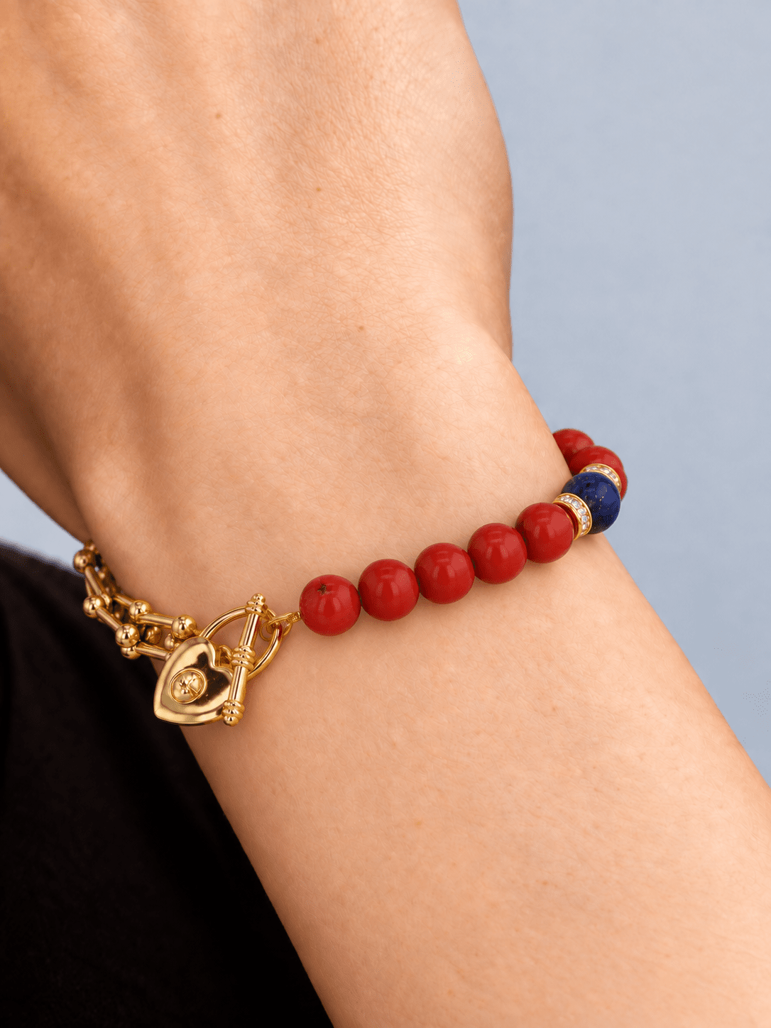 Ardora Coral, Lapis Lazuli & Gold-Plated Stainless Steel Heart-Lock Bracelet