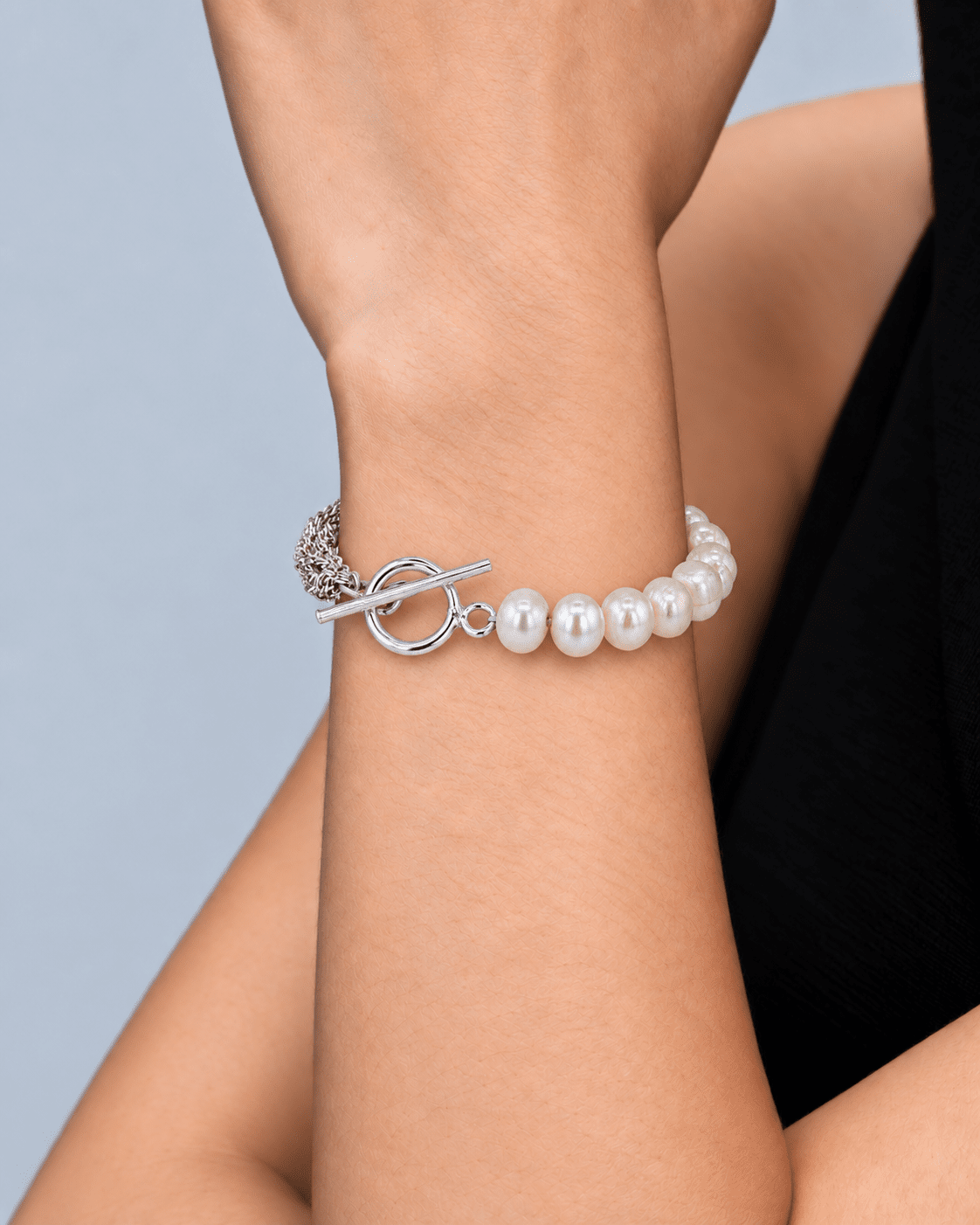 Avenelle Freshwater Pearl, Multi-Strand Silver Chain & Toggle Bracelet