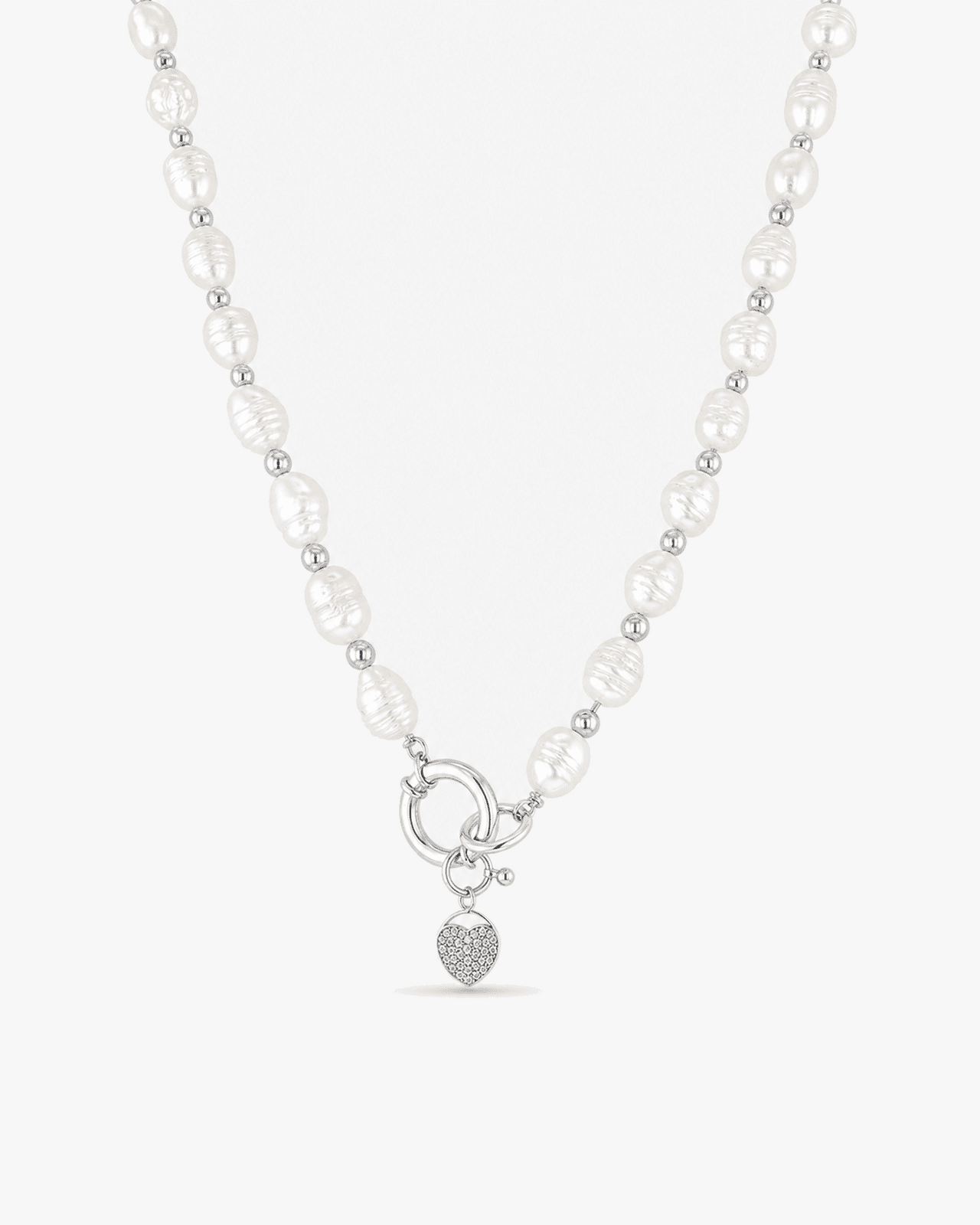 Almira Freshwater Pearl, Silver Bead & Cubic Zirconia Heart Necklace