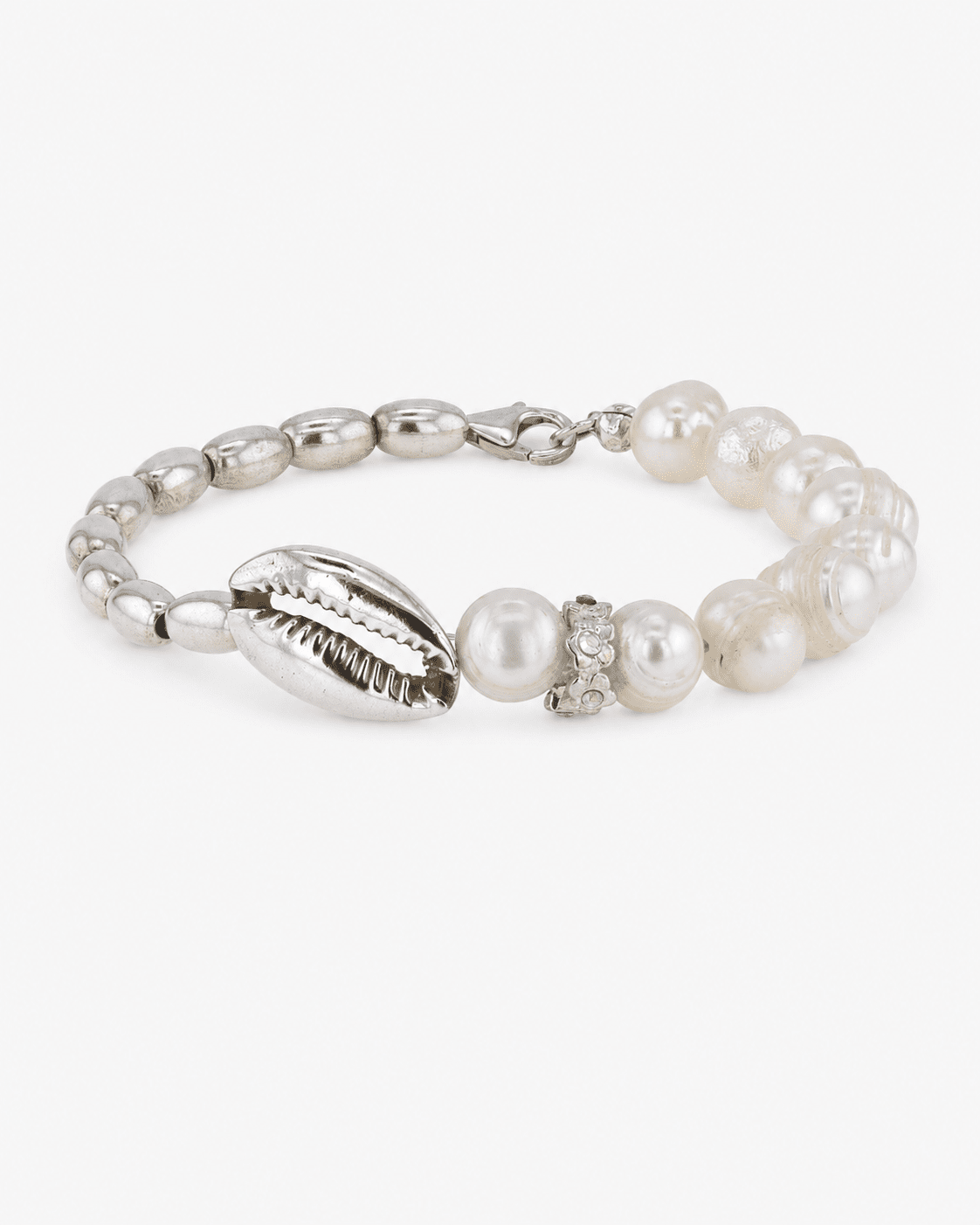 Cymara Freshwater Pearl, Silver Bead & Handmade Silver Shell Charm Bracelet