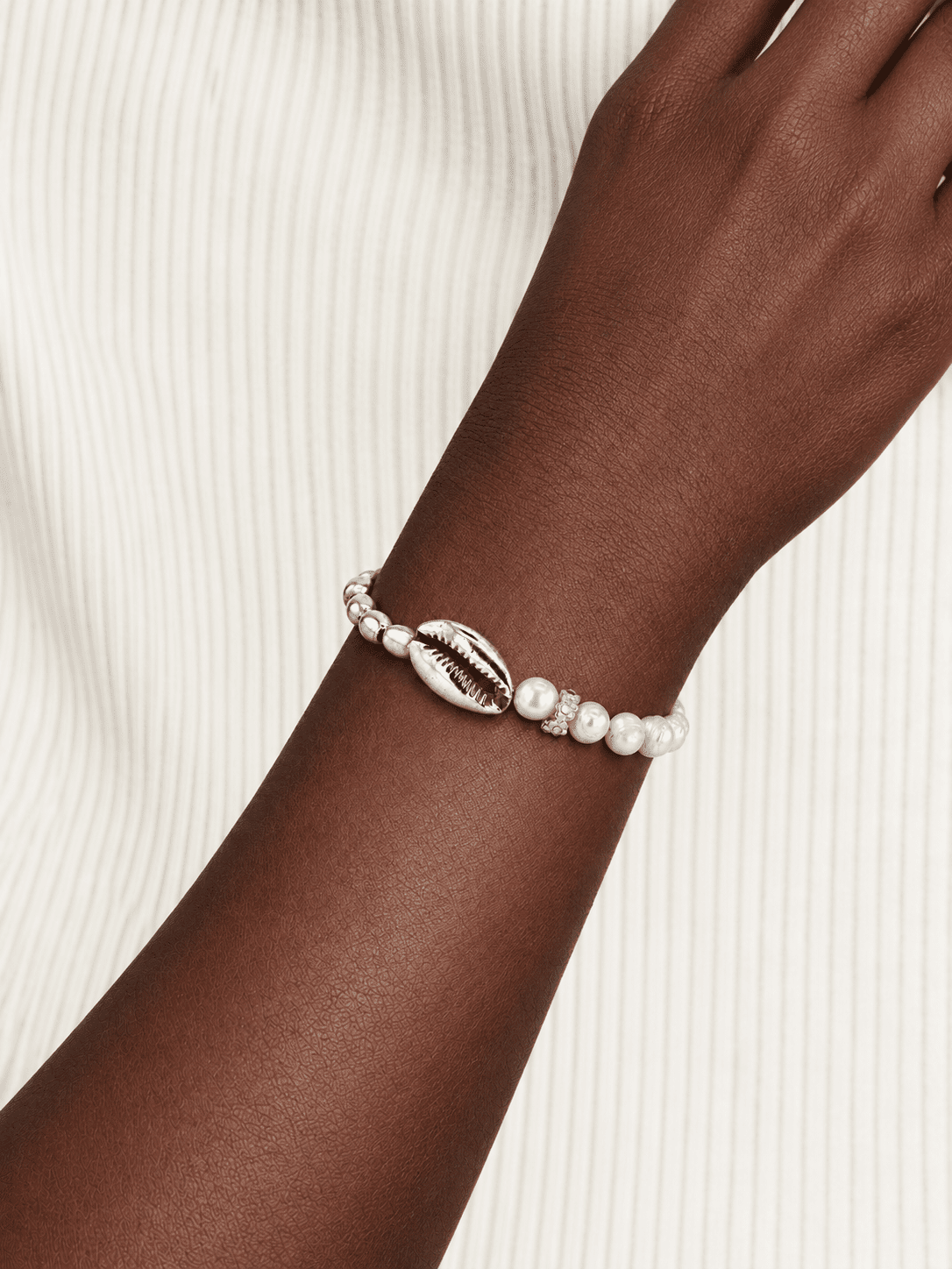 Cymara Freshwater Pearl, Silver Bead & Handmade Silver Shell Charm Bracelet