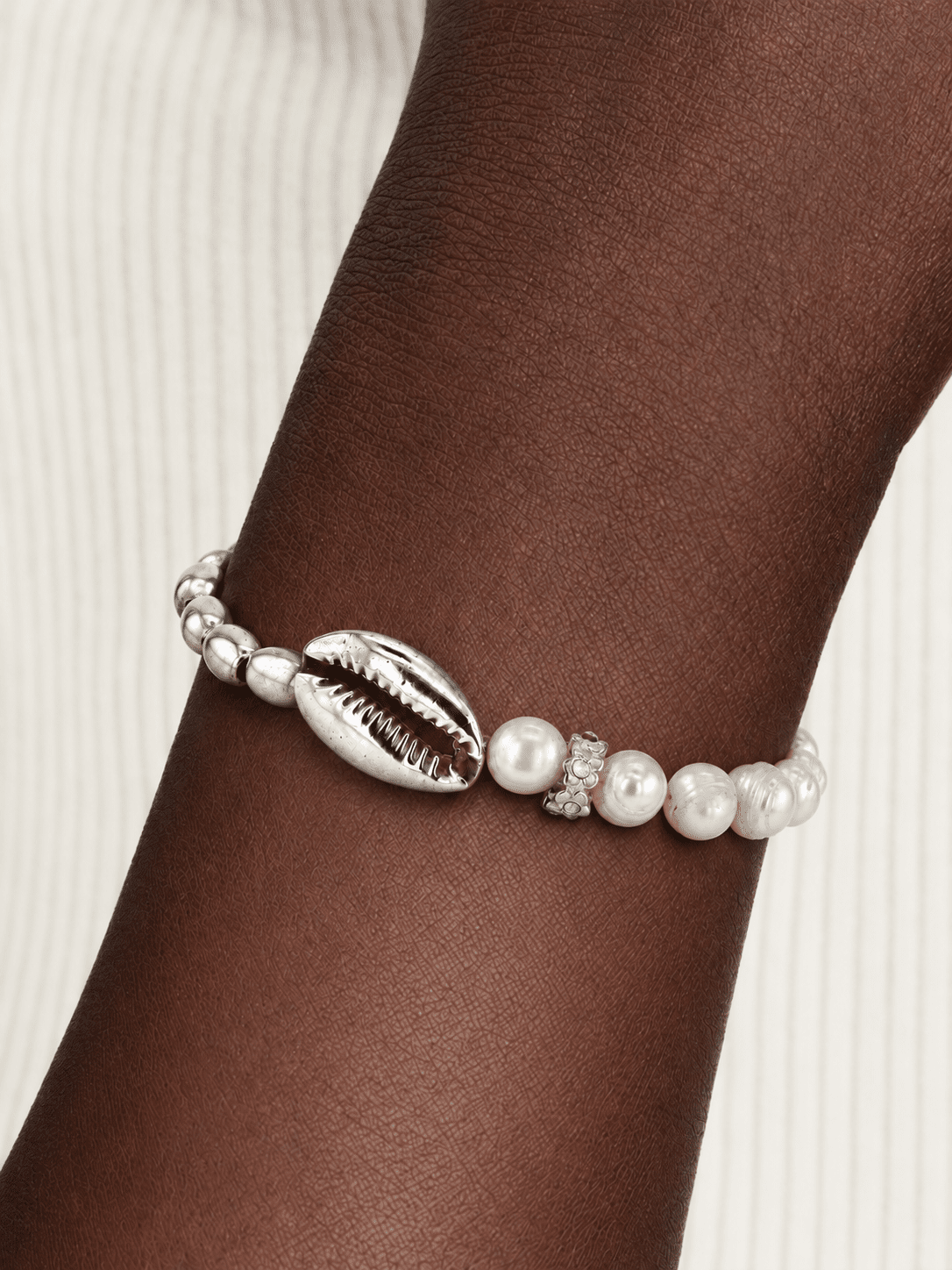 Cymara Freshwater Pearl, Silver Bead & Handmade Silver Shell Charm Bracelet