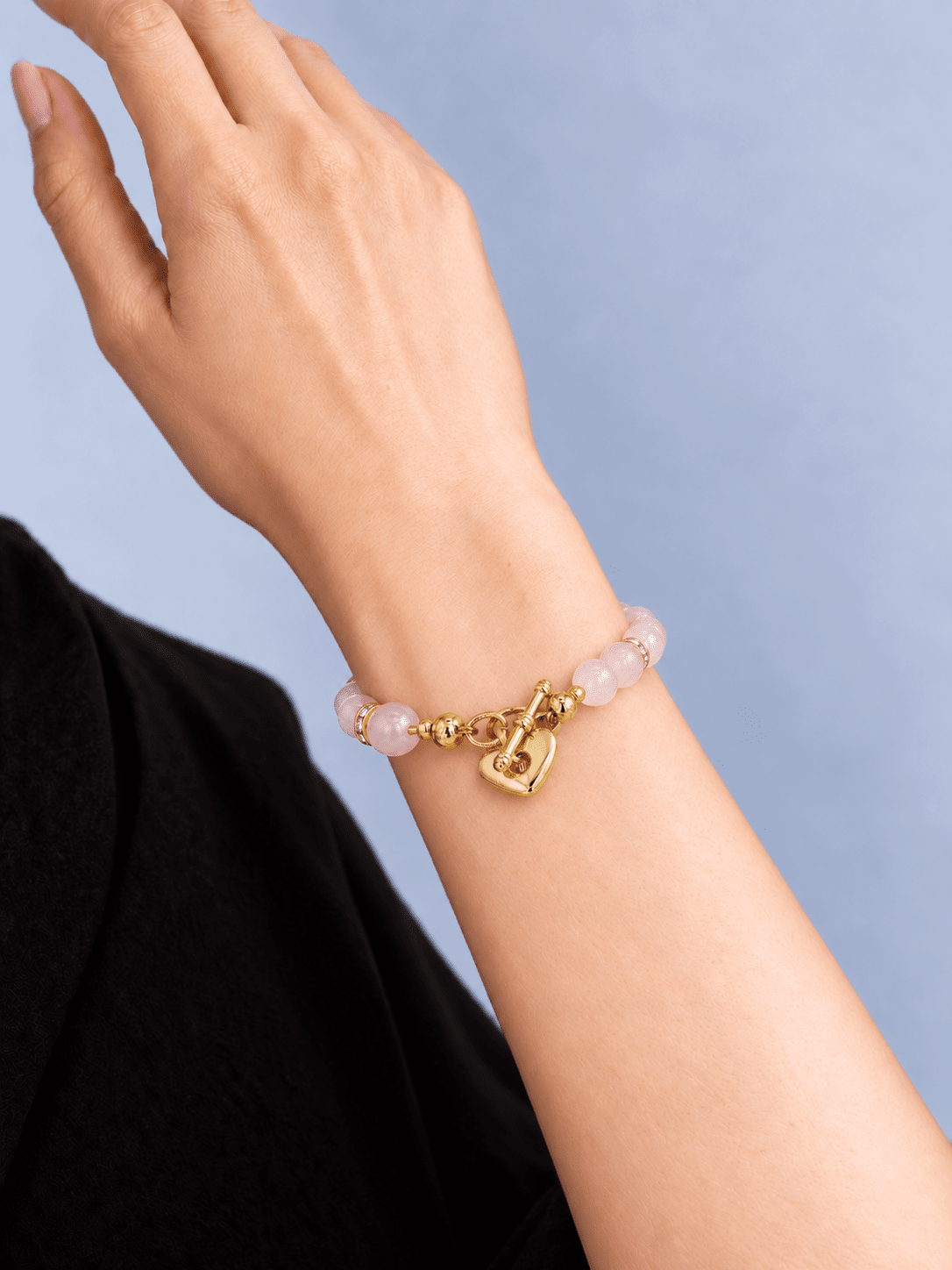 Eloria Rose Quartz, Pink Freshwater Pearl & 18K Gold-Plated Heart-Lock Bracelet