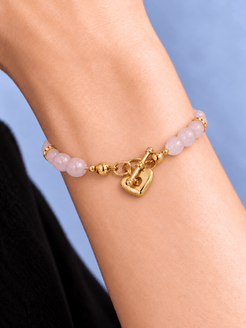Eloria Rose Quartz, Pink Freshwater Pearl & 18K Gold-Plated Heart-Lock Bracelet