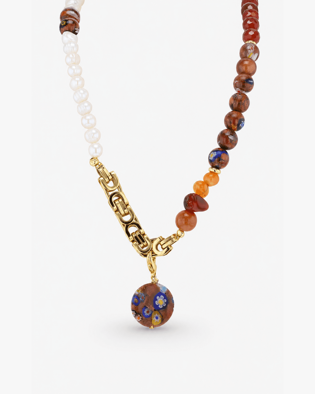 Fiorava Freshwater Pearl, Agate, Patterned Aventurine Glass & Gold Plated Stainless Steel Necklace