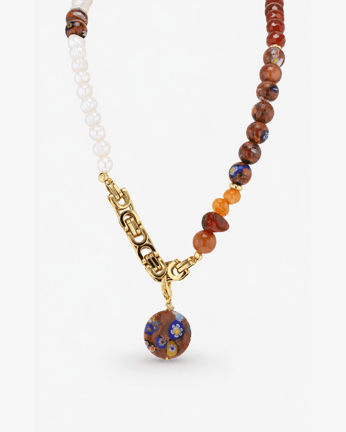 Fiorava Freshwater Pearl, Agate, Patterned Aventurine Glass & Gold Plated Stainless Steel Necklace