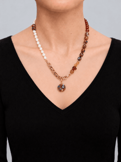 Fiorava Freshwater Pearl, Agate, Patterned Aventurine Glass & Gold Plated Stainless Steel Necklace