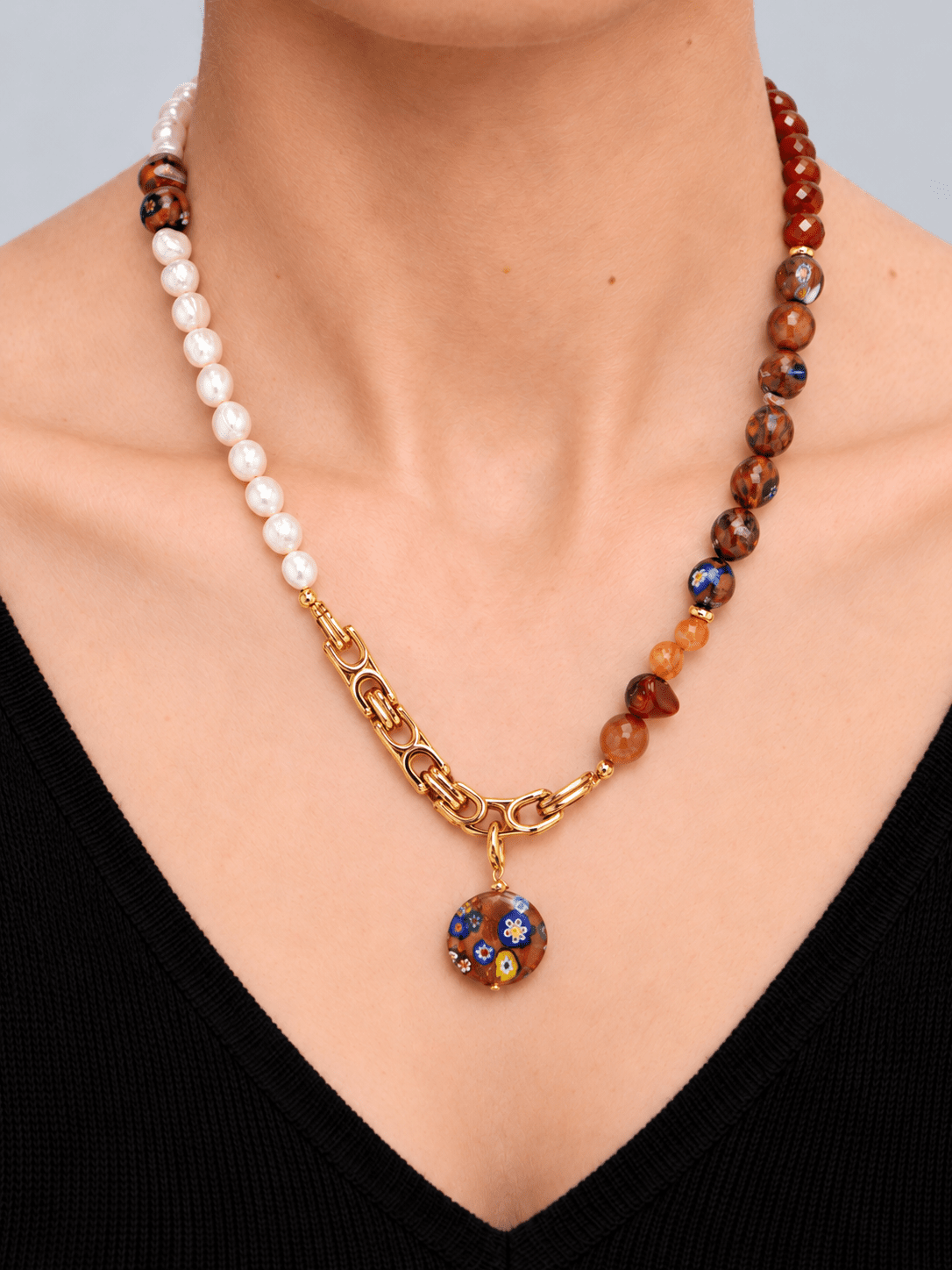 Fiorava Freshwater Pearl, Agate, Patterned Aventurine Glass & Gold Plated Stainless Steel Necklace