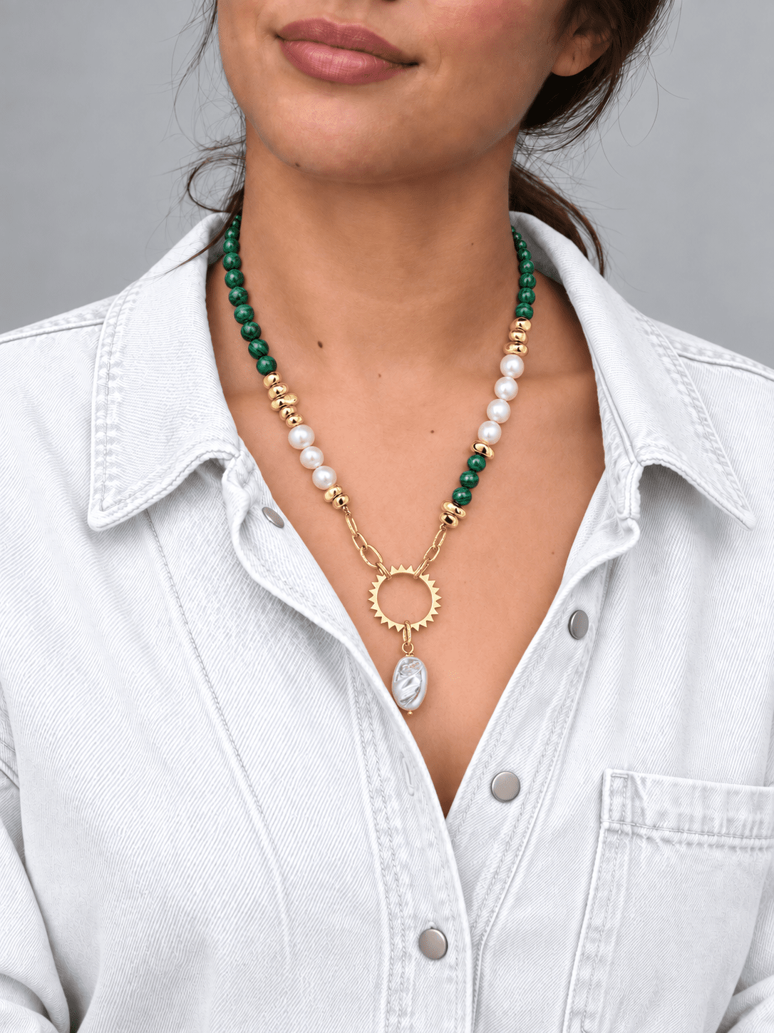 Heliora Natural Malachite, Freshwater Pearl Necklace