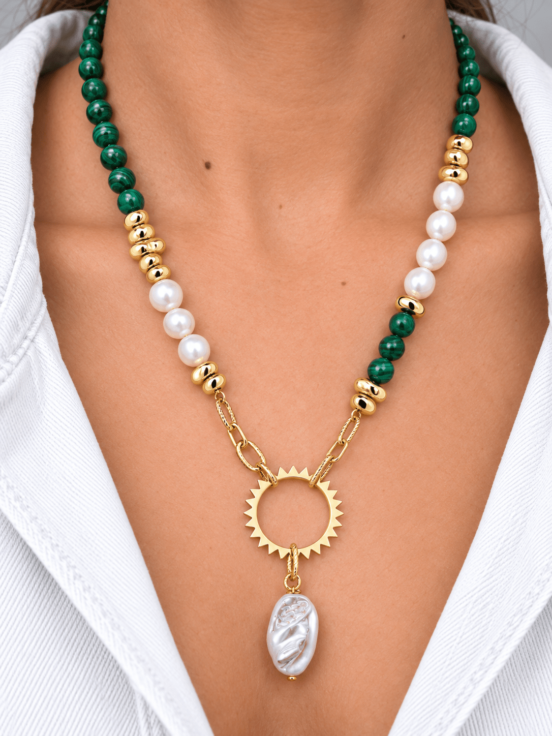 Heliora Natural Malachite, Freshwater Pearl Necklace