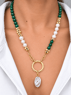 Heliora Natural Malachite, Freshwater Pearl Necklace