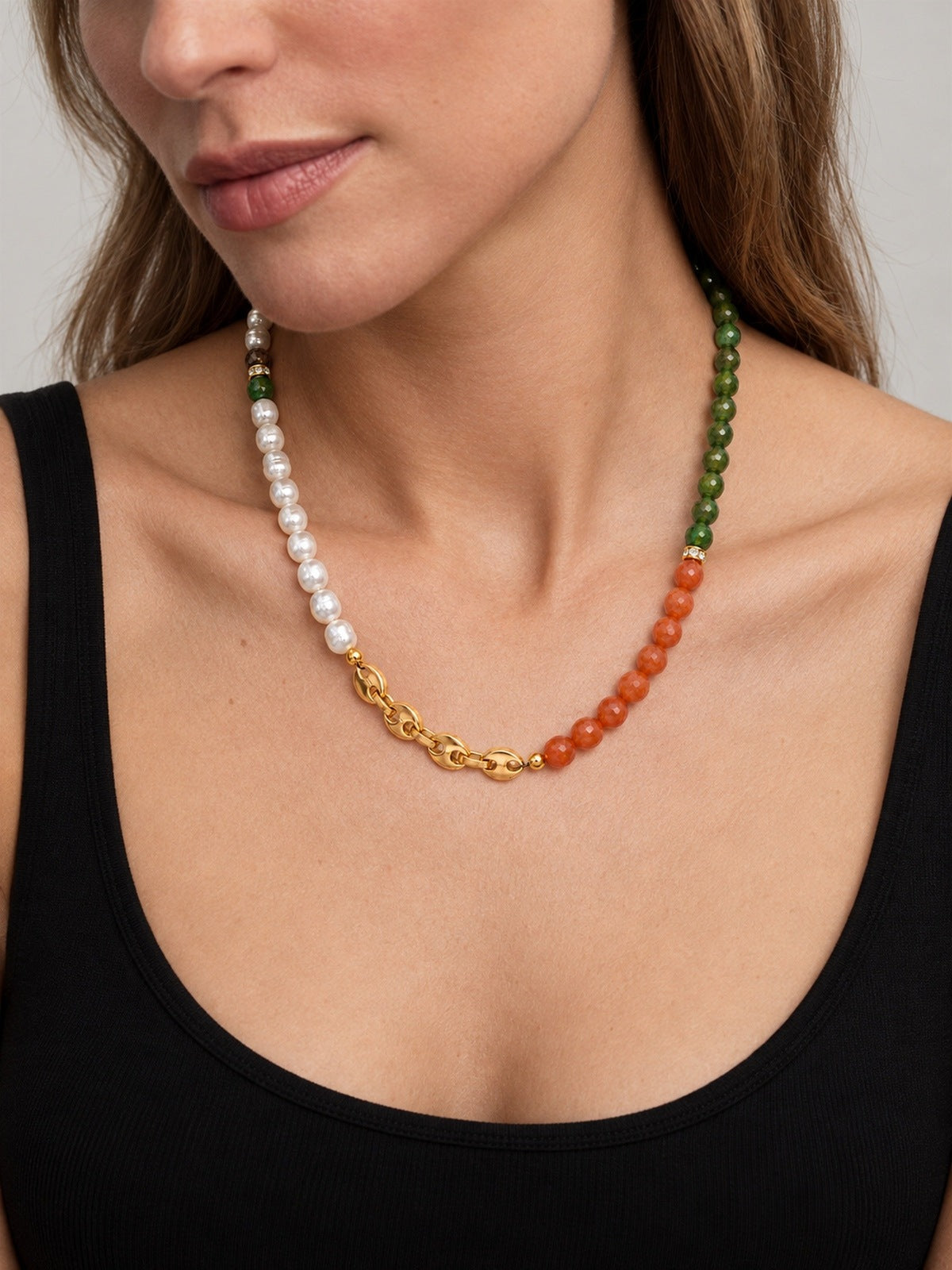 Oriana Freshwater Pearl, Orange & Green Agate Stainless Steel Necklace