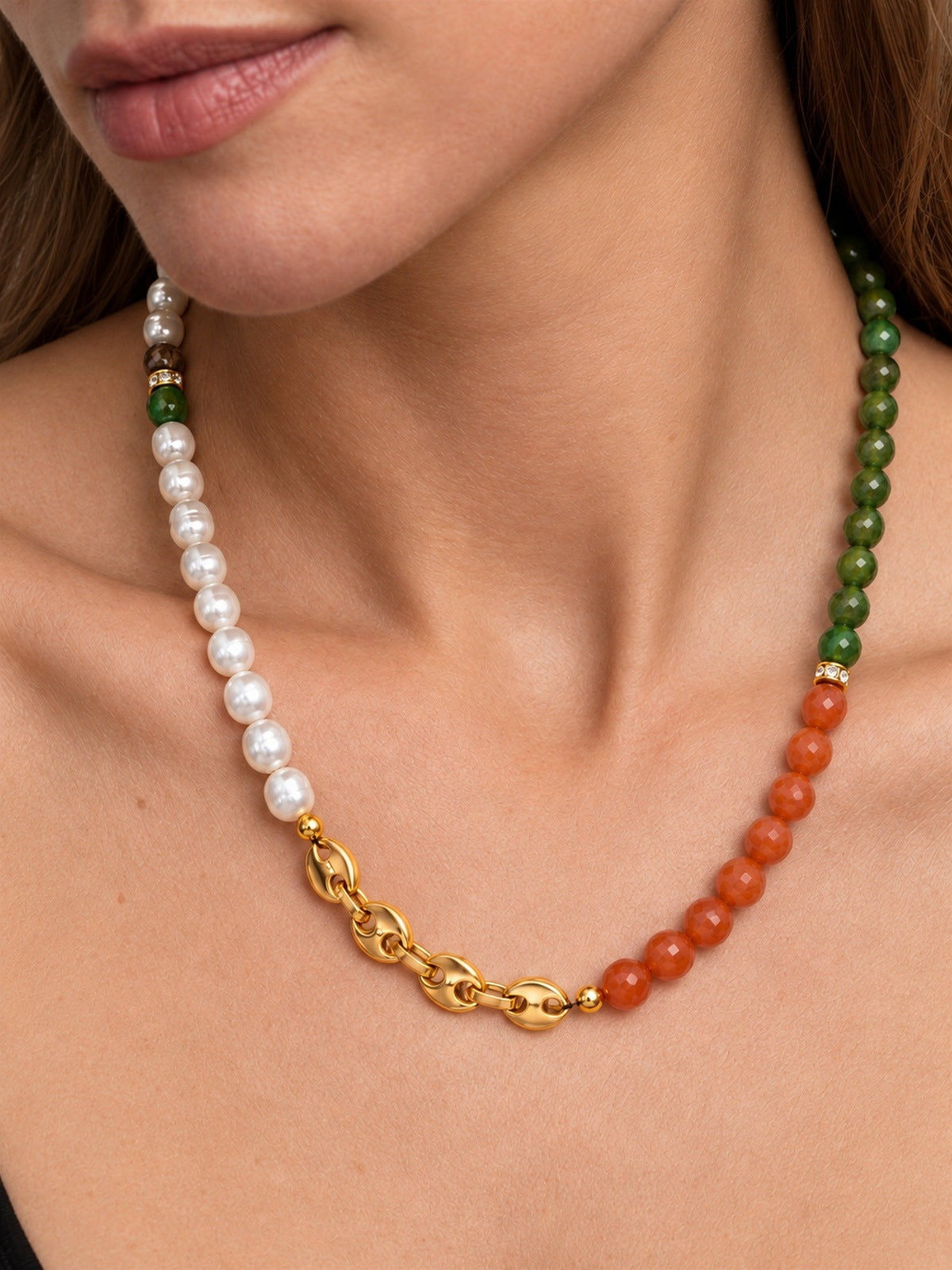 Oriana Freshwater Pearl, Orange & Green Agate Stainless Steel Necklace