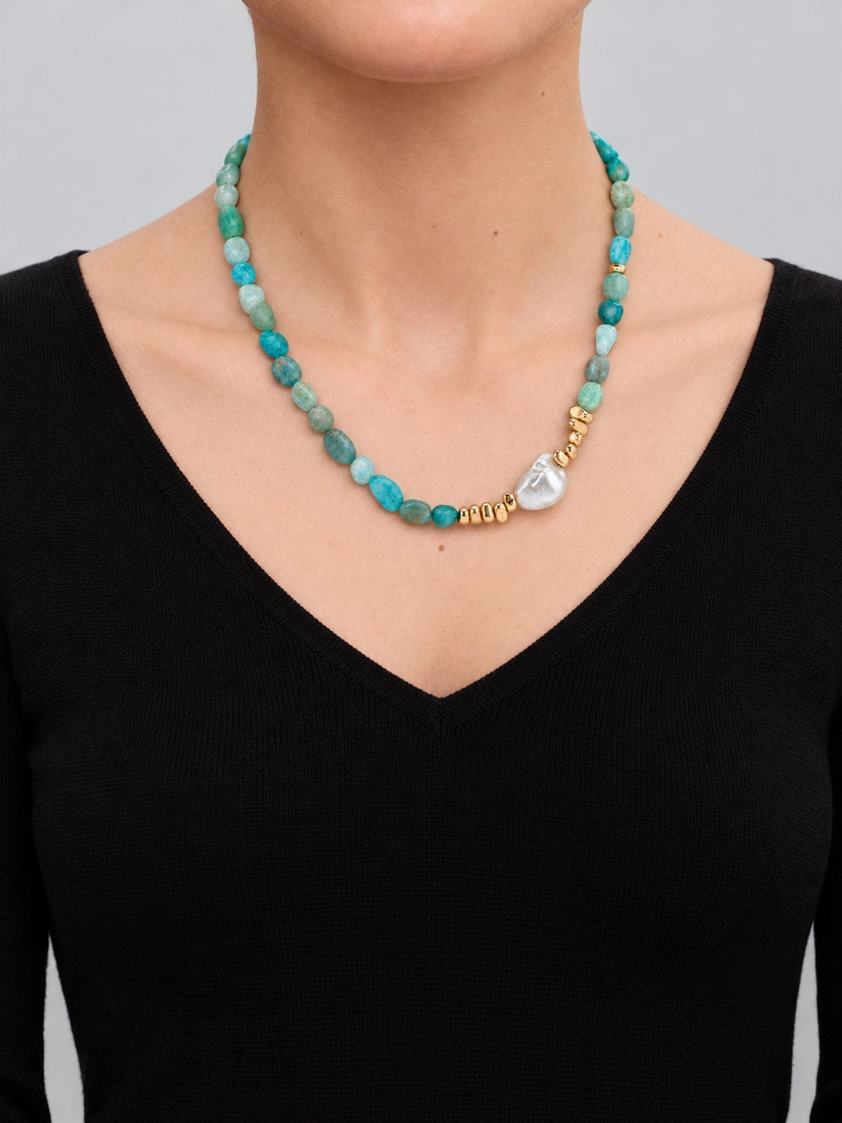 Mareva Aventurine, Freshwater Pearl & 18K Gold Stainless Steel Necklace