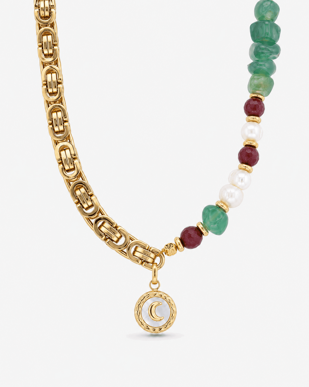 Seralune Freshwater Pearl, Green & Red Jasper, Moon Charm & 18K Gold-Plated Stainless Steel Necklace