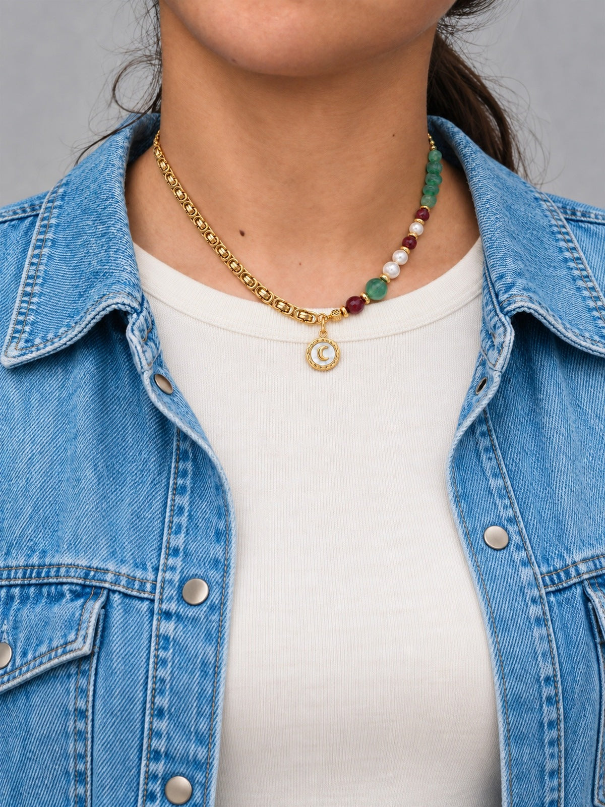 Seralune Freshwater Pearl, Green & Red Jasper, Moon Charm & 18K Gold-Plated Stainless Steel Necklace