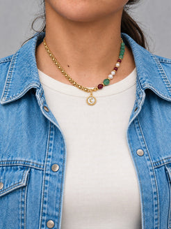 Seralune Freshwater Pearl, Green & Red Jasper, Moon Charm & 18K Gold-Plated Stainless Steel Necklace