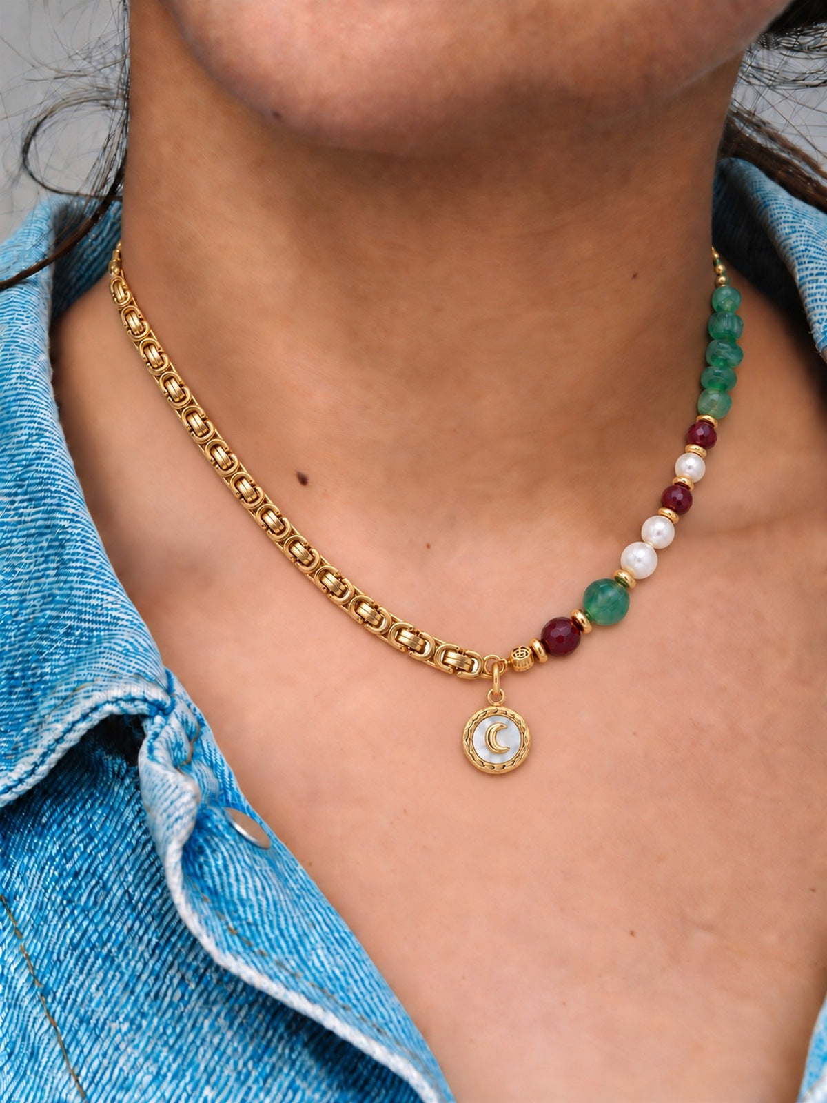 Seralune Freshwater Pearl, Green & Red Jasper, Moon Charm & 18K Gold-Plated Stainless Steel Necklace