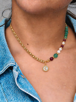 Seralune Freshwater Pearl, Green & Red Jasper, Moon Charm & 18K Gold-Plated Stainless Steel Necklace