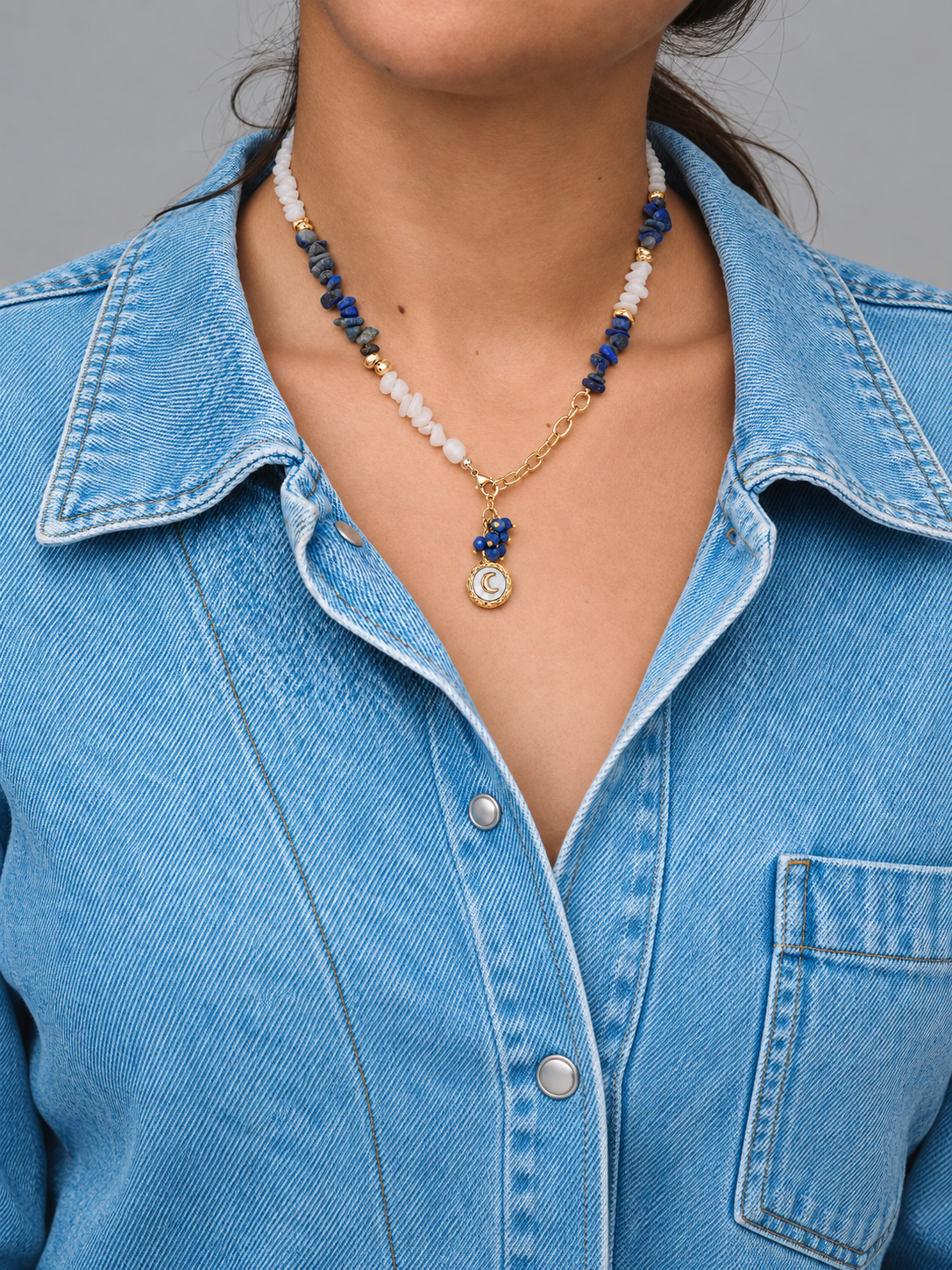 Selaris Lapis Lazuli, Milky Quartz & Removable Moon Charm Necklace