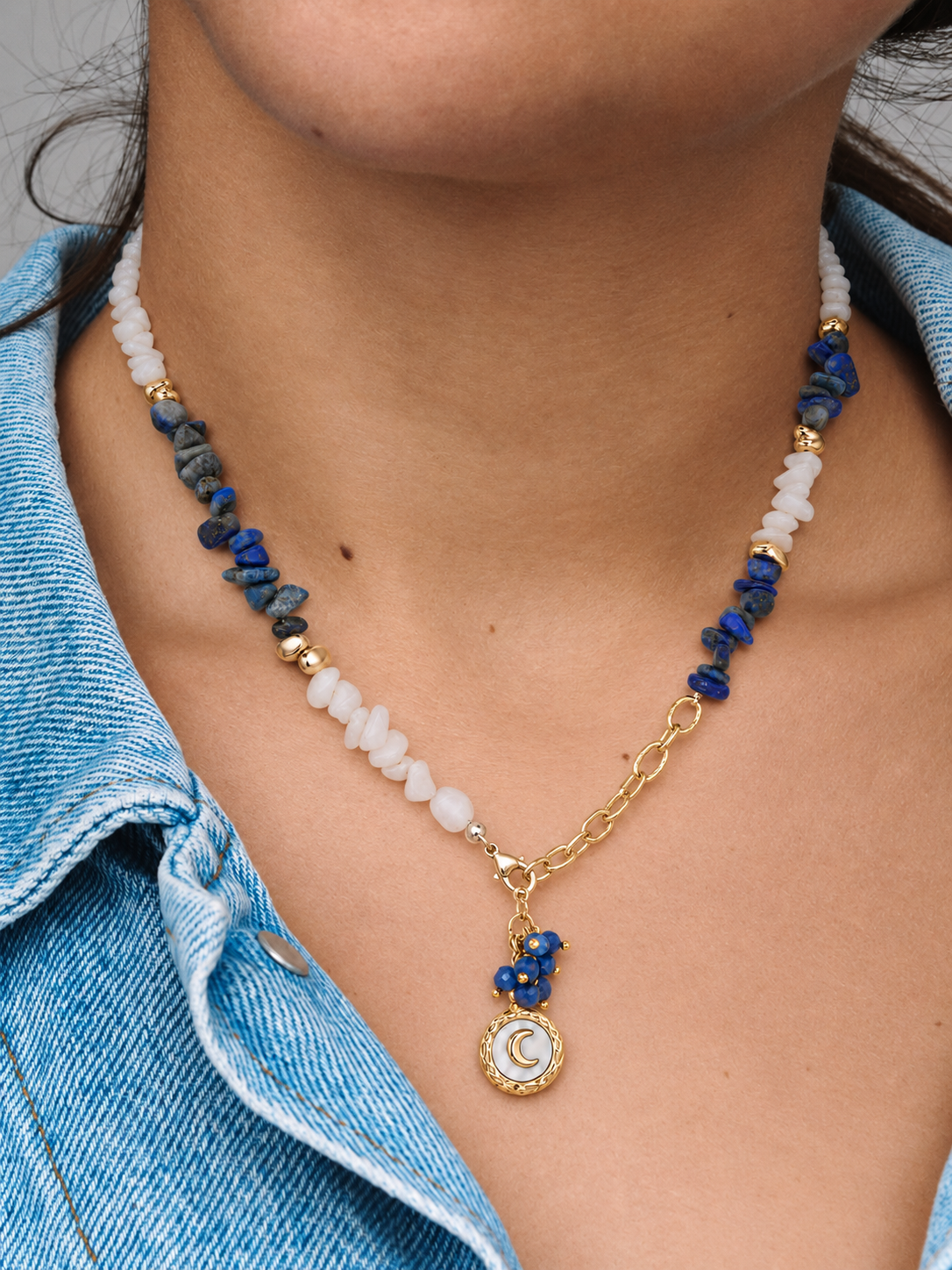 Selaris Lapis Lazuli, Milky Quartz & Removable Moon Charm Necklace