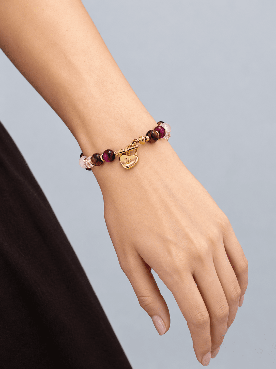 Sacra Rose Quartz, Tiger's Eye & Crystal Heart-Lock Bracelet