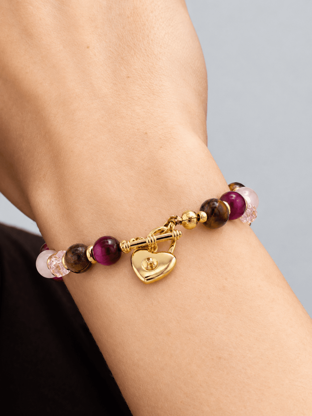 Sacra Rose Quartz, Tiger's Eye & Crystal Heart-Lock Bracelet