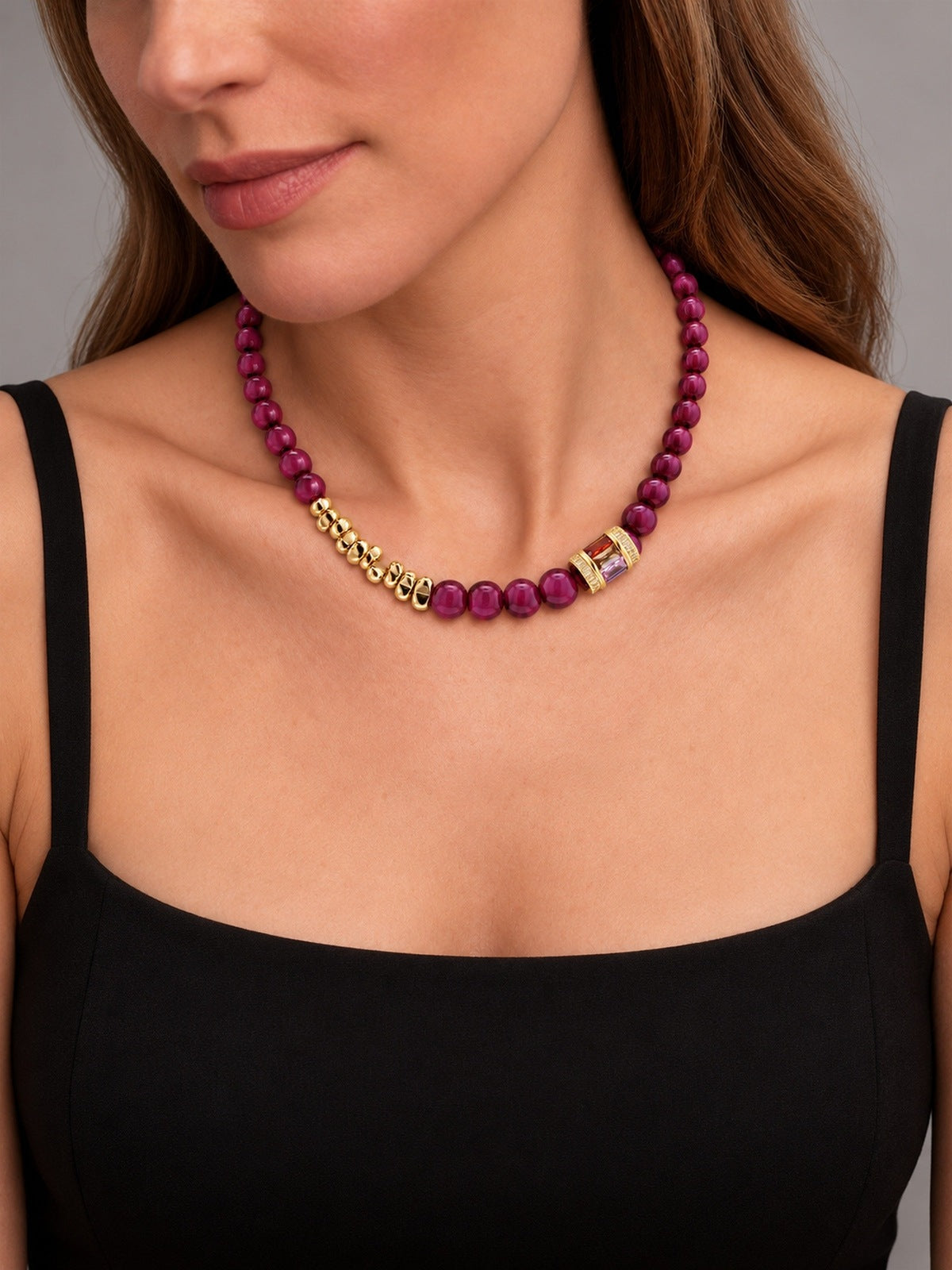 Regalia Dyed Magenta Tiger's Eye & Gold-Plated Stainless Steel Necklace