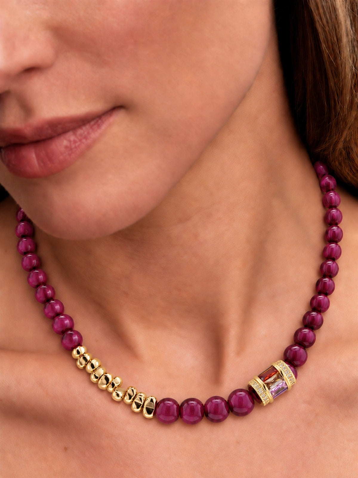 Regalia Dyed Magenta Tiger's Eye & Gold-Plated Stainless Steel Necklace