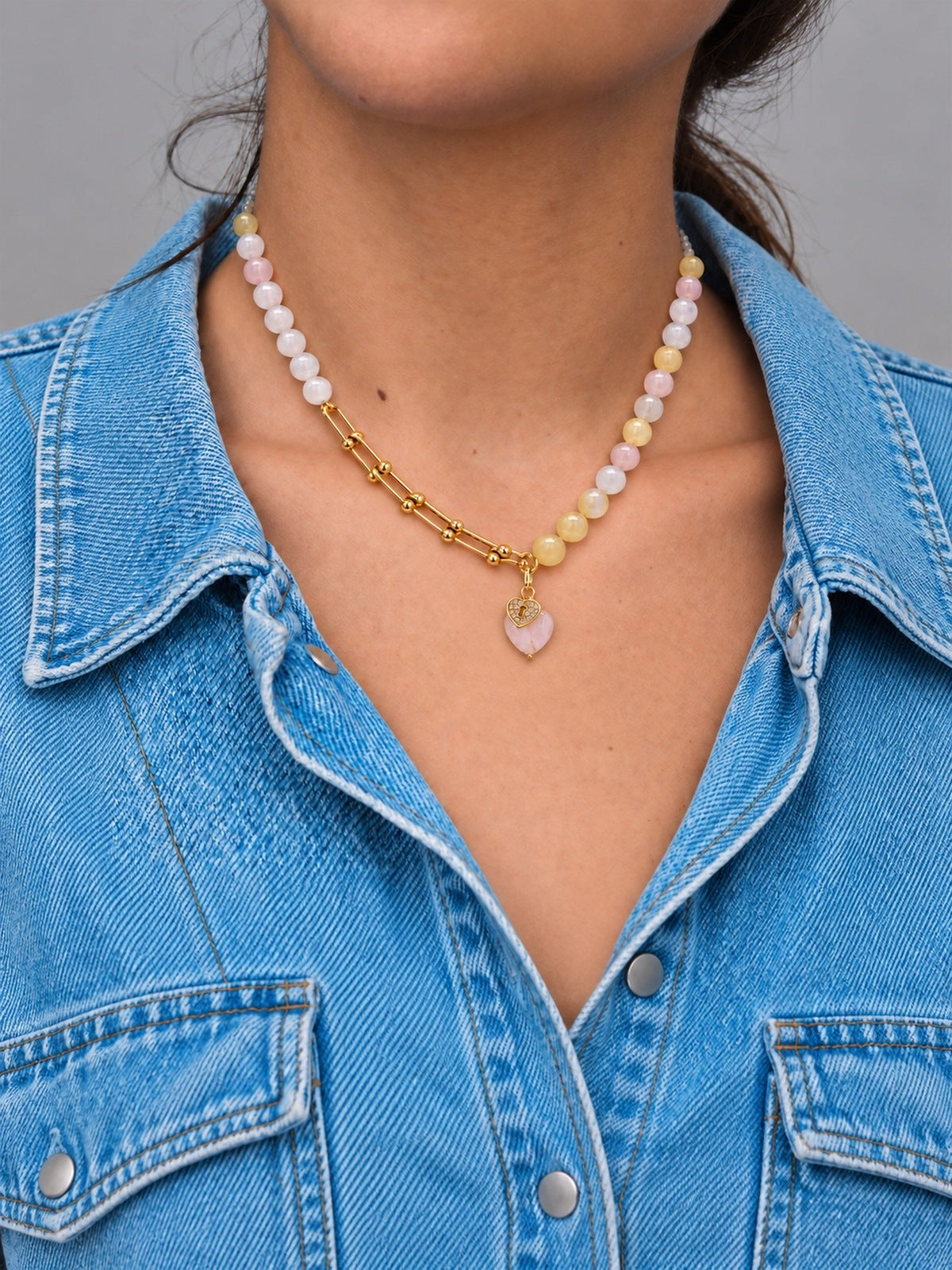 Rosavie Rose Quartz & Gold-Plated Stainless Steel Heart Charm Necklace