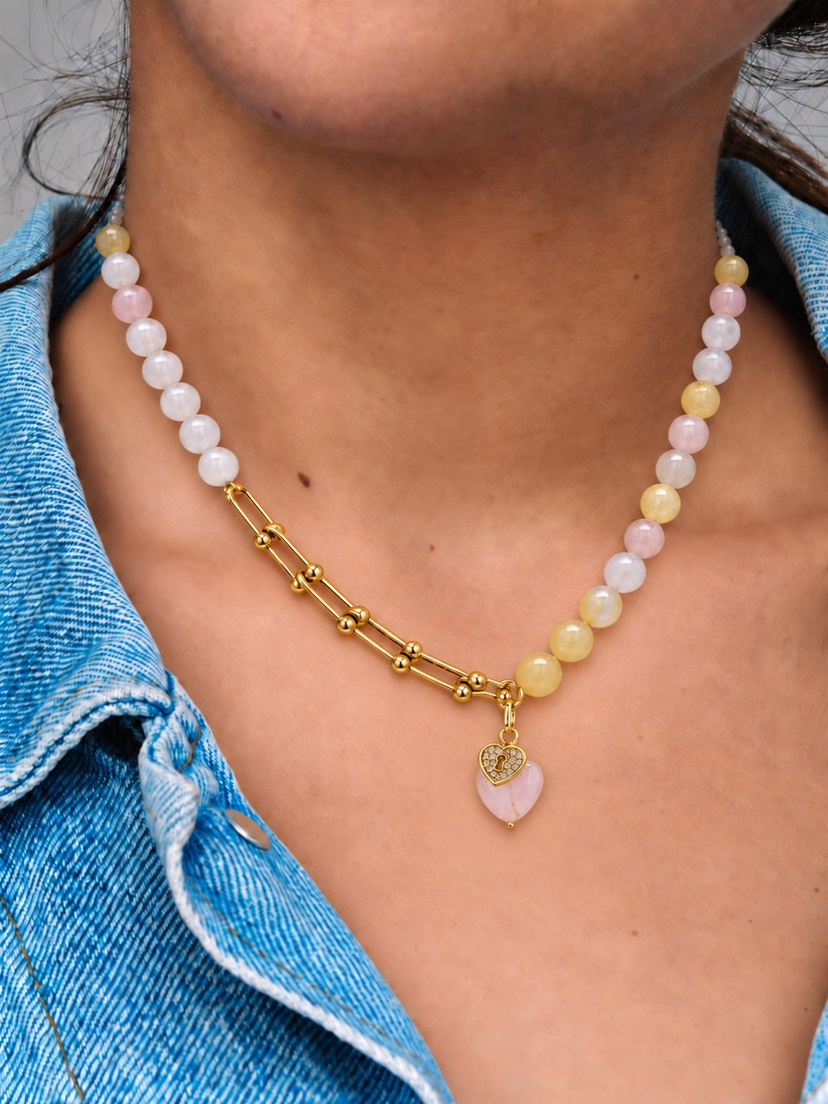 Rosavie Rose Quartz & Gold-Plated Stainless Steel Heart Charm Necklace