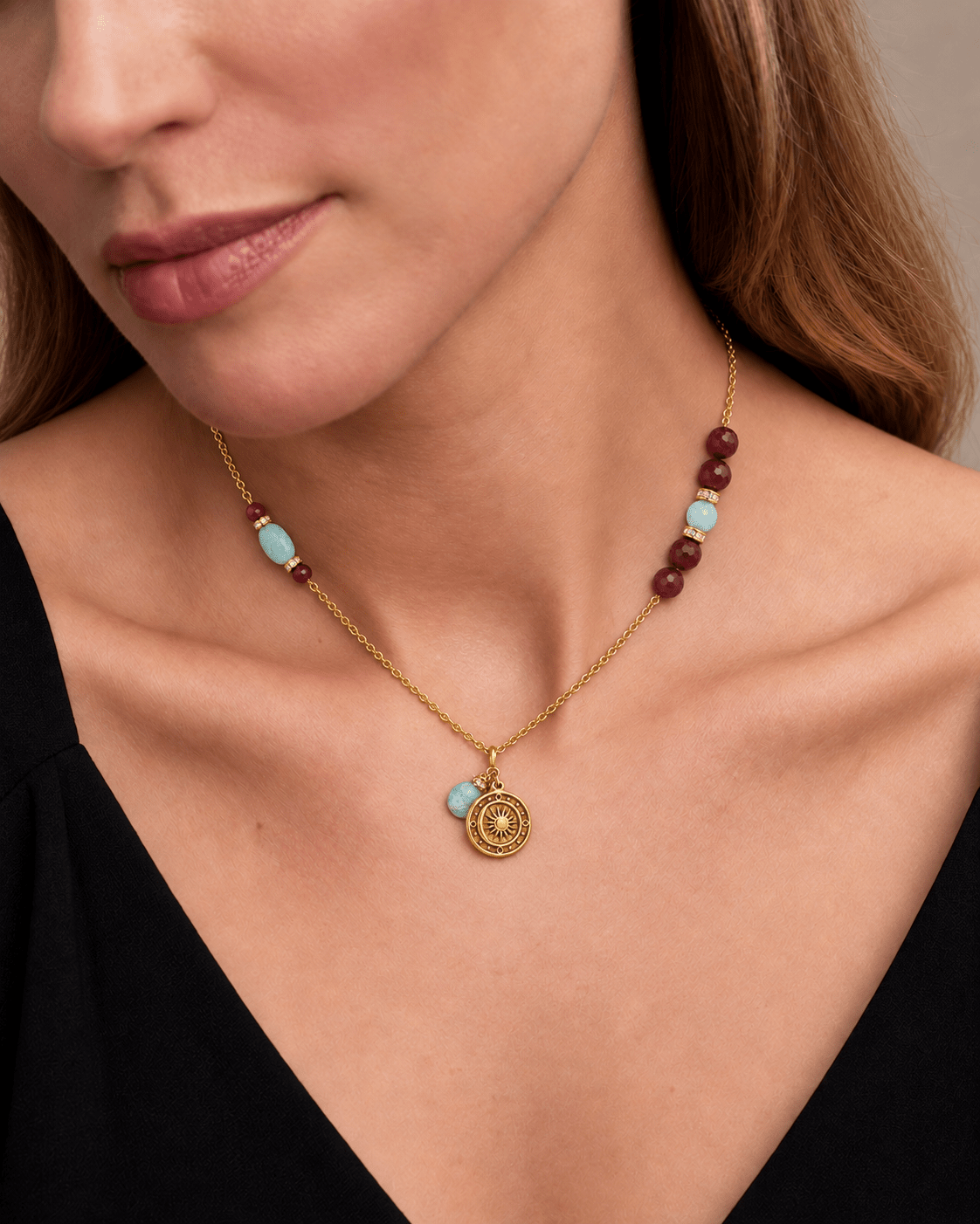 Vera Amazonite & Burgundy Gemstone Sun Necklace