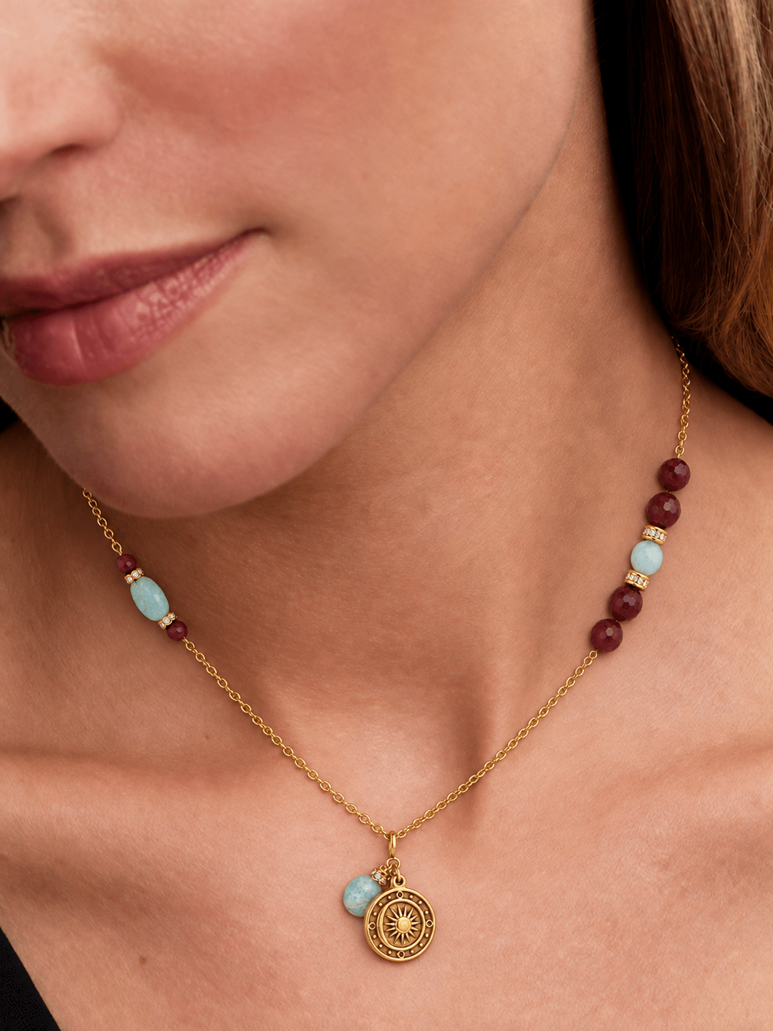Vera Amazonite & Burgundy Gemstone Sun Necklace