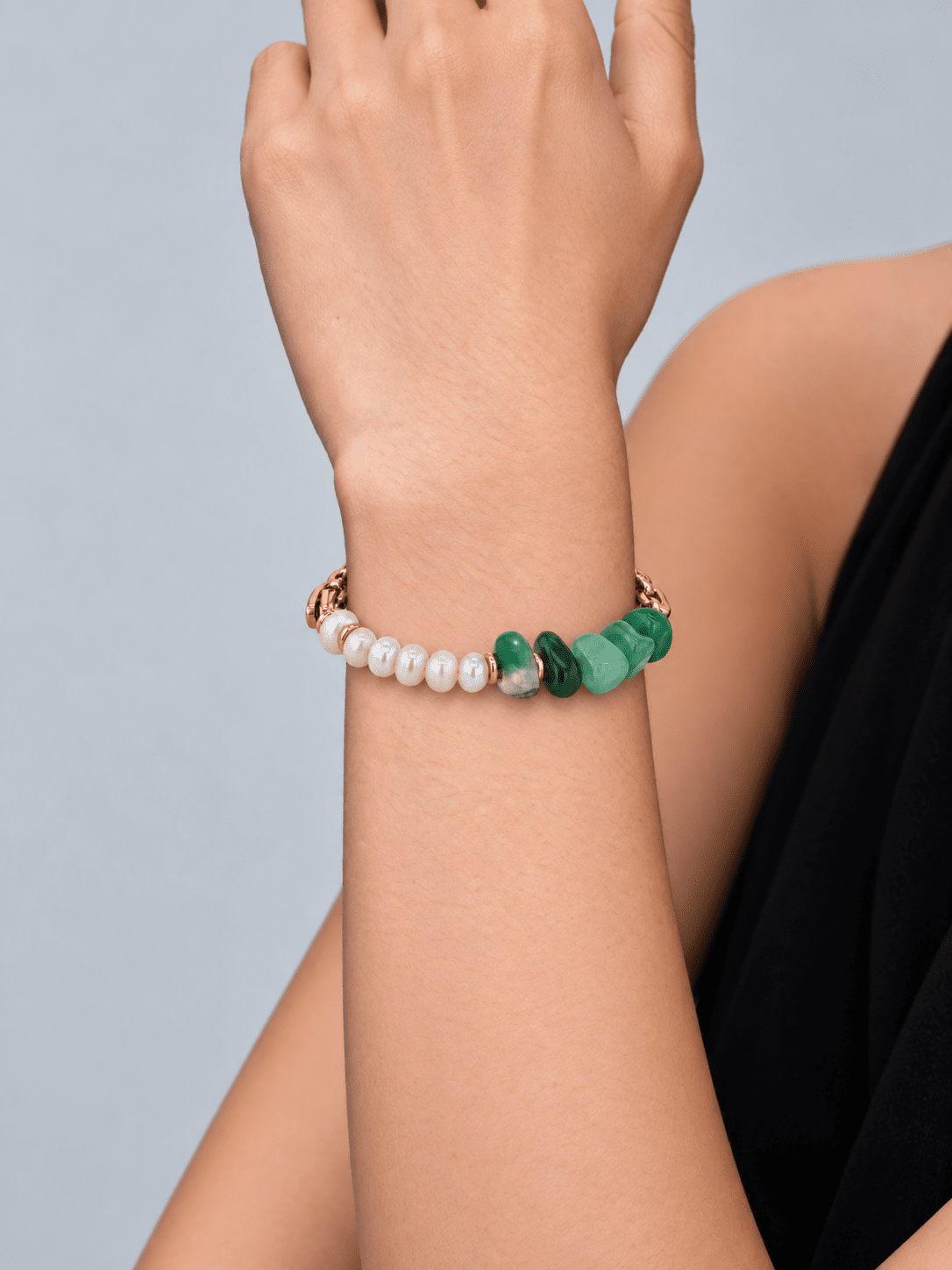 Calyra Green Agate, Freshwater Pearl & 18K Gold-Plated Stainless Steel Bracelet
