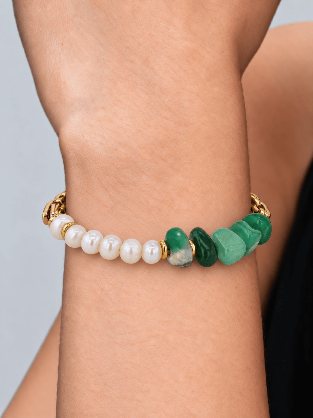 Calyra Green Agate, Freshwater Pearl & 18K Gold-Plated Stainless Steel Bracelet